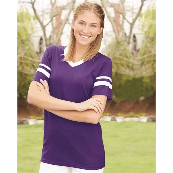 V-neck jersey with striped sleeves. Blank product.... from ASI 84358 S&S Activewear