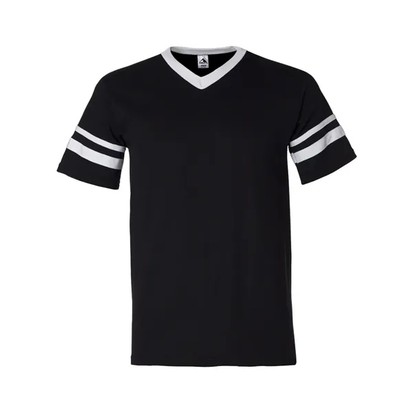 V-neck jersey with striped sleeves. Blank product.... from ASI 84358 S&S Activewear