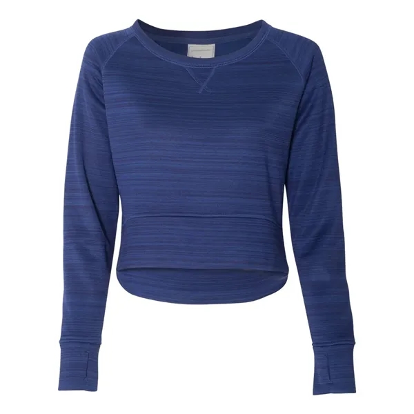 Women's striped polyester fleece crewneck sweatshirt with a high front hem... from ASI 84358 S&S Activewear