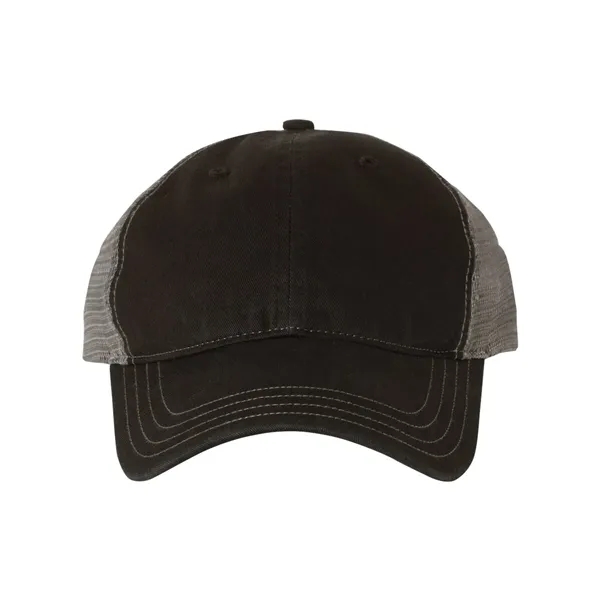 Washed trucker cap with a cotton front, mesh back, snapback closure,... from ASI 84358 S&S Activewear