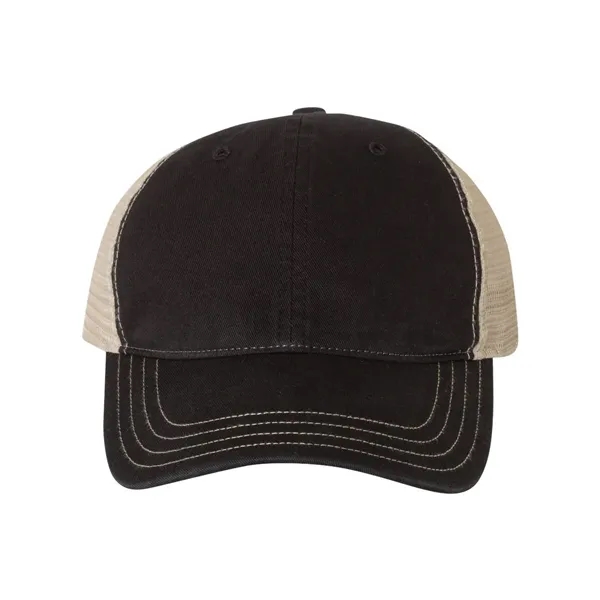 Washed trucker cap with a cotton front, mesh back, snapback closure,... from ASI 84358 S&S Activewear