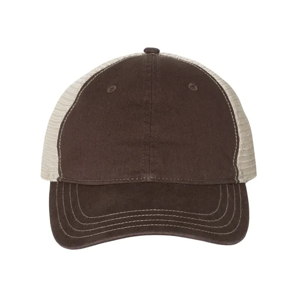 Washed trucker cap with a cotton front, mesh back, snapback closure,... from ASI 84358 S&S Activewear