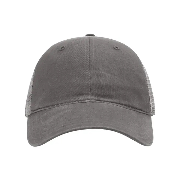 Washed trucker cap with a cotton front, mesh back, snapback closure,... from ASI 84358 S&S Activewear