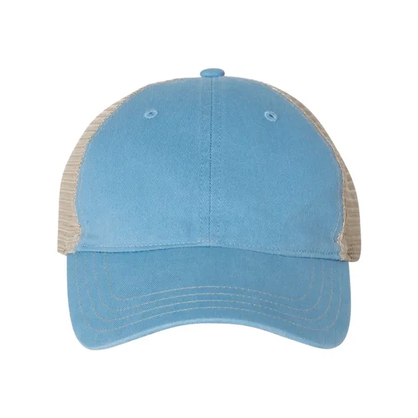 Washed trucker cap with a cotton front, mesh back, snapback closure,... from ASI 84358 S&S Activewear