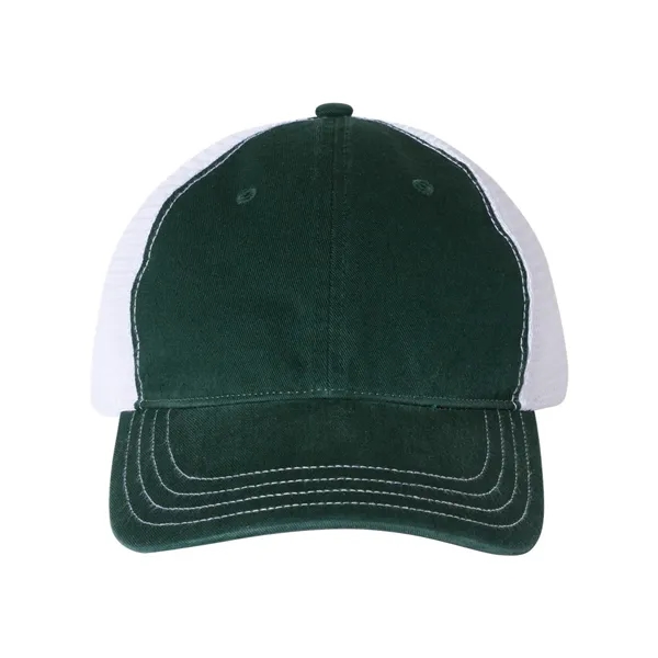 Washed trucker cap with a cotton front, mesh back, snapback closure,... from ASI 84358 S&S Activewear