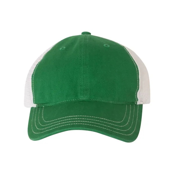Washed trucker cap with a cotton front, mesh back, snapback closure,... from ASI 84358 S&S Activewear