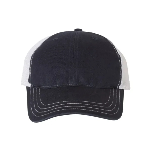 Washed trucker cap with a cotton front, mesh back, snapback closure,... from ASI 84358 S&S Activewear