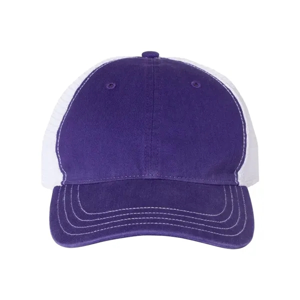 Washed trucker cap with a cotton front, mesh back, snapback closure,... from ASI 84358 S&S Activewear