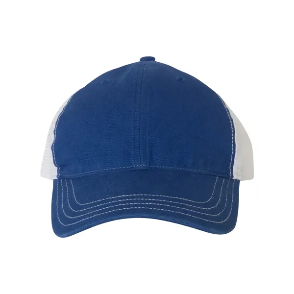 Washed trucker cap with a cotton front, mesh back, snapback closure,... from ASI 84358 S&S Activewear