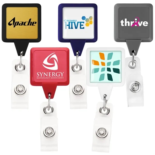 Square retractable badge reel in solid colors, alligator clip back, anti-twist... from ASI 49470 DEVARA