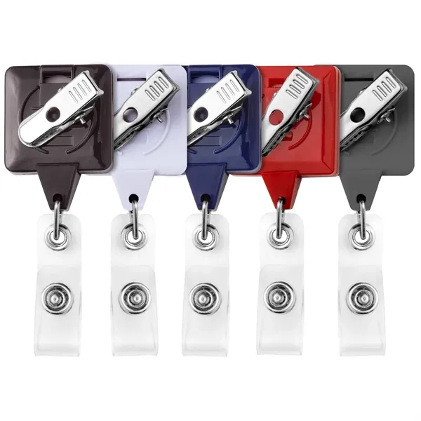 Square retractable badge reel in solid colors, alligator clip back, anti-twist... from ASI 49470 DEVARA