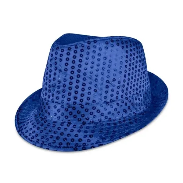 Blue fedora light up hat available unimprinted, with a black imprinted... from ASI 42016 Brighter Promotions Inc