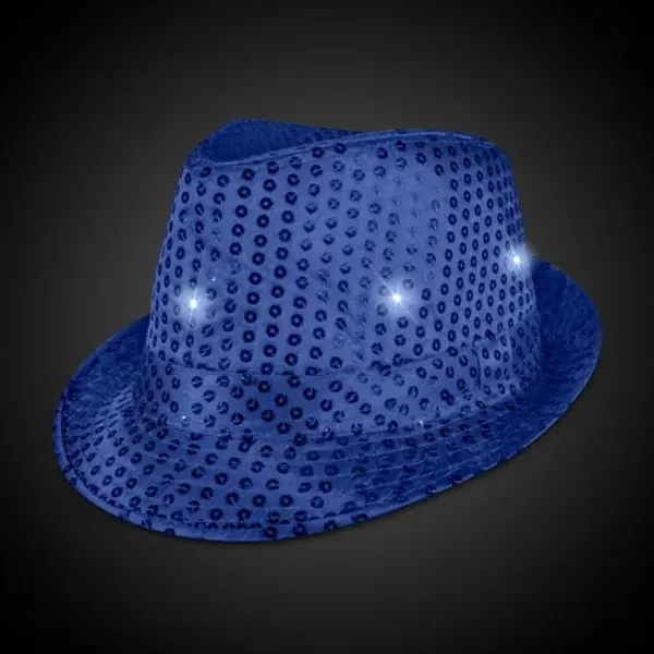 Blue fedora light up hat available unimprinted, with a black imprinted... from ASI 42016 Brighter Promotions Inc