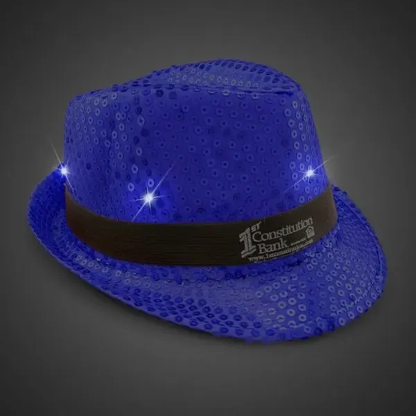 Blue fedora light up hat available unimprinted, with a black imprinted... from ASI 42016 Brighter Promotions Inc