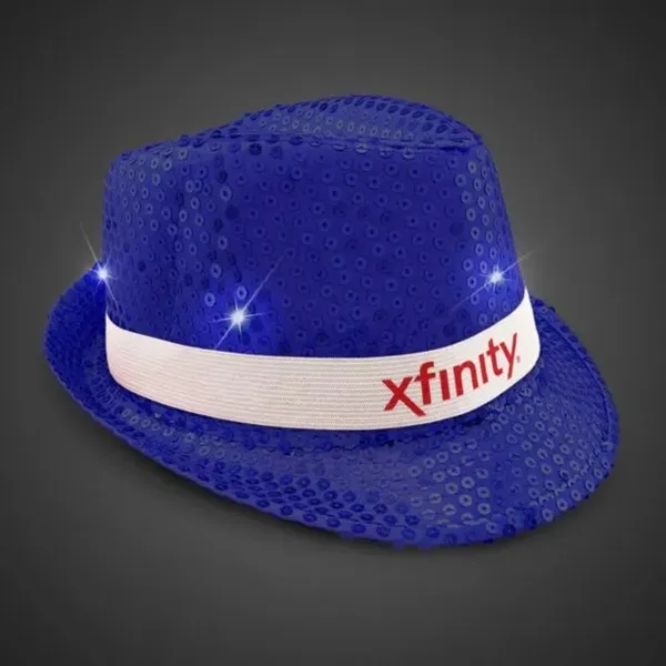 Blue fedora light up hat available unimprinted, with a black imprinted... from ASI 42016 Brighter Promotions Inc