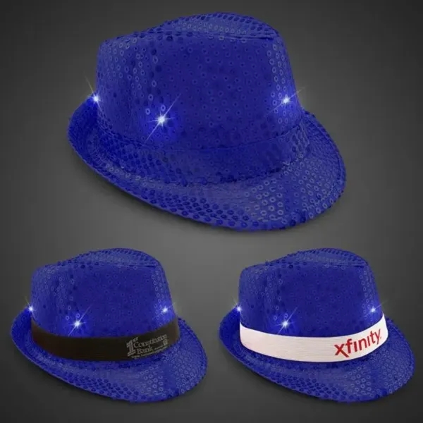 Blue fedora light up hat available unimprinted, with a black imprinted... from ASI 42016 Brighter Promotions Inc