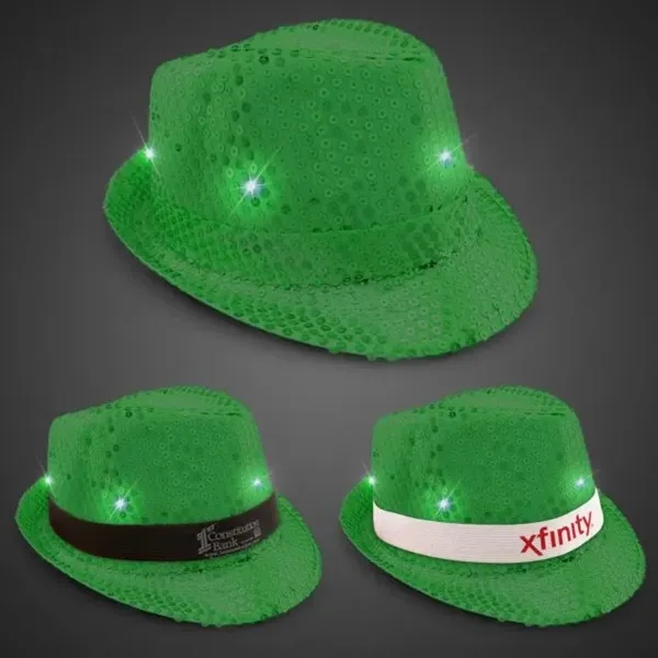Green fedora light up hat available unimprinted, with a black imprinted... from ASI 42016 Brighter Promotions Inc