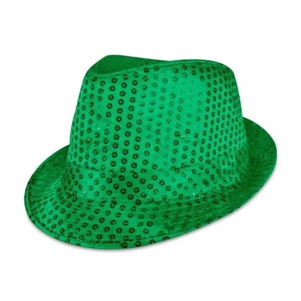Green fedora light up hat available unimprinted, with a black imprinted... from ASI 42016 Brighter Promotions Inc