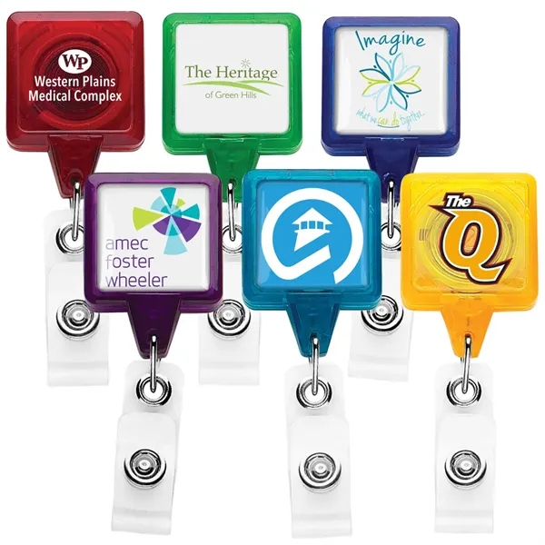 Square retractable badge reel in translucent colors, alligator clip back, anti-twist... from ASI 49470 DEVARA