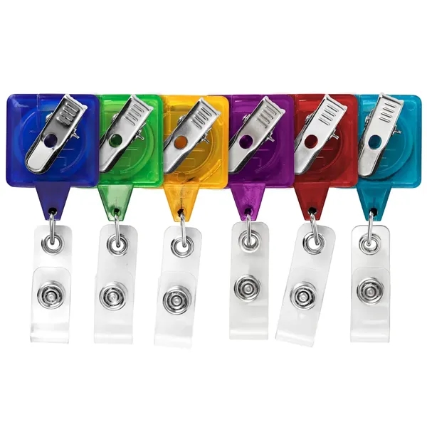 Square retractable badge reel in translucent colors, alligator clip back, anti-twist... from ASI 49470 DEVARA