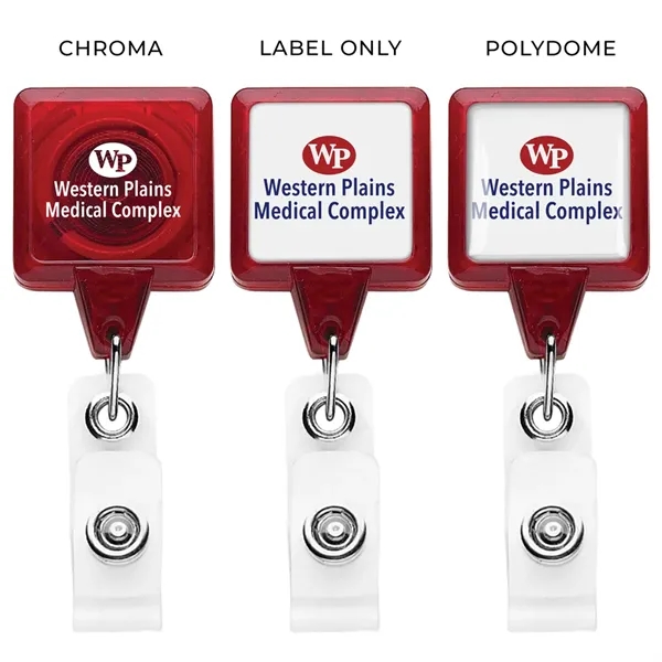 Square retractable badge reel in translucent colors, alligator clip back, anti-twist... from ASI 49470 DEVARA