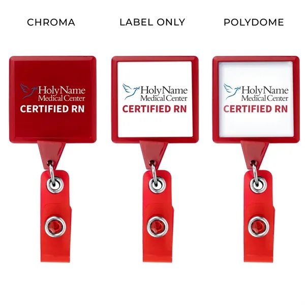 Square retractable badge reel in solid colors, alligator clip back, anti-twist... from ASI 49470 DEVARA