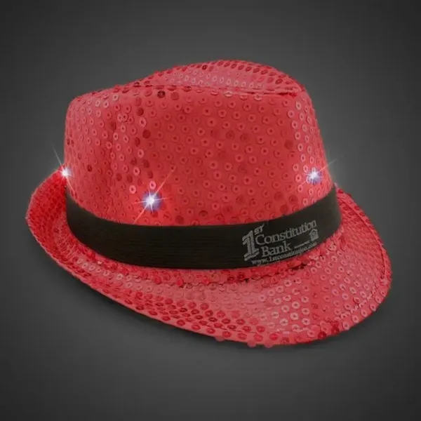 Red fedora light up hat available unimprinted, with a black imprinted... from ASI 42016 Brighter Promotions Inc