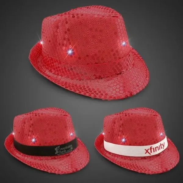 Red fedora light up hat available unimprinted, with a black imprinted... from ASI 42016 Brighter Promotions Inc