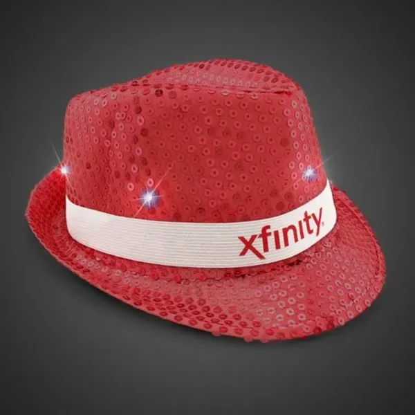 Red fedora light up hat available unimprinted, with a black imprinted... from ASI 42016 Brighter Promotions Inc