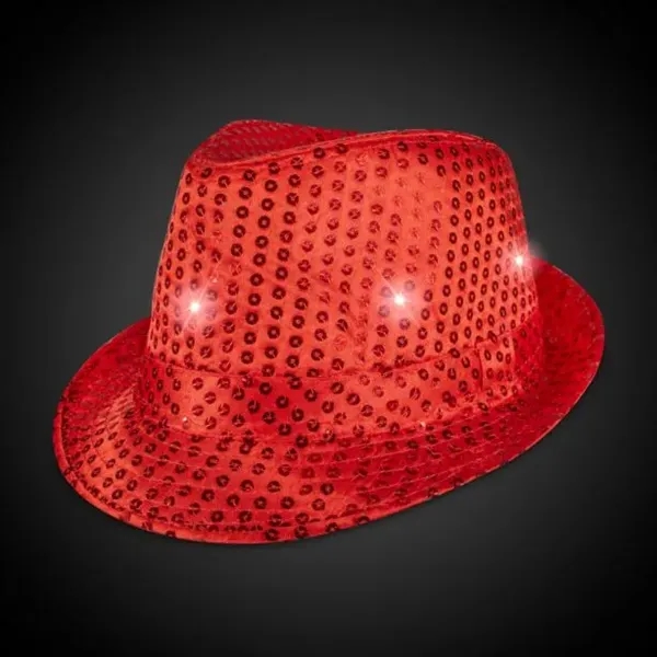 Red fedora light up hat available unimprinted, with a black imprinted... from ASI 42016 Brighter Promotions Inc