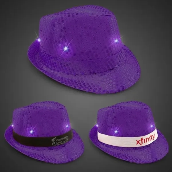 Purple fedora light up hat available unimprinted, with a black imprinted... from ASI 42016 Brighter Promotions Inc