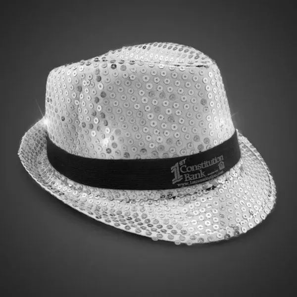 Silver fedora light up hat available unimprinted, with a black imprinted... from ASI 42016 Brighter Promotions Inc
