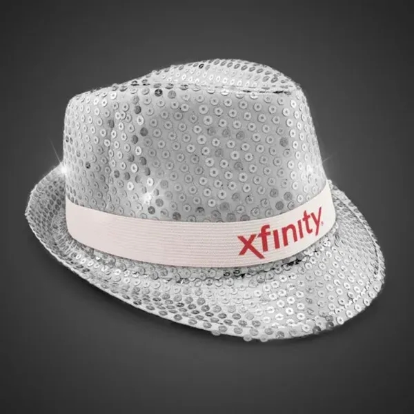 Silver fedora light up hat available unimprinted, with a black imprinted... from ASI 42016 Brighter Promotions Inc