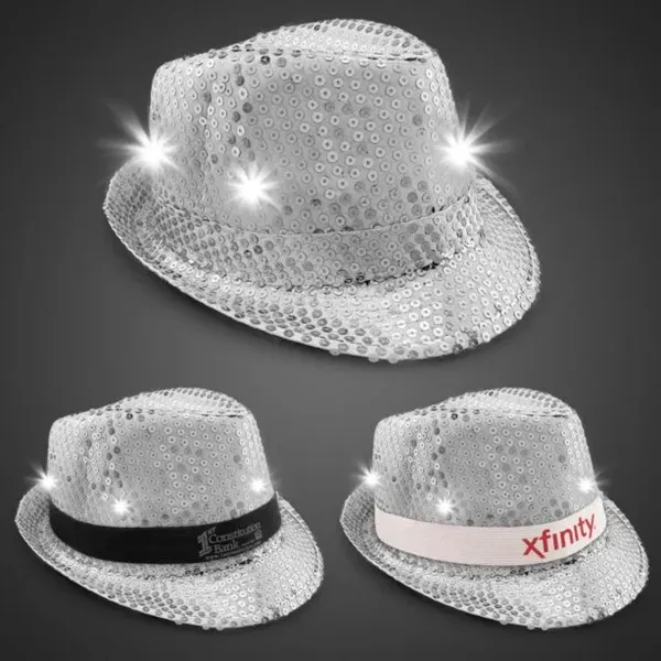 Silver fedora light up hat available unimprinted, with a black imprinted... from ASI 42016 Brighter Promotions Inc
