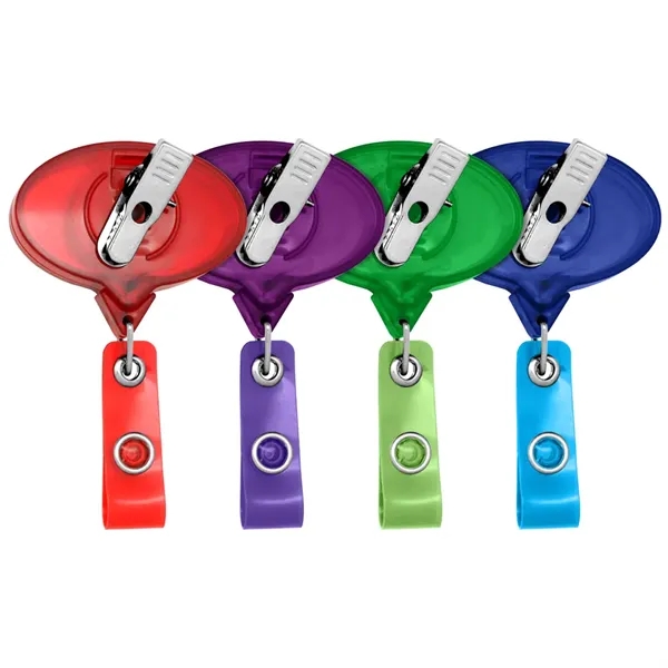 Oval retractable badge reel in translucent colors, alligator clip back, anti-twist... from ASI 49470 DEVARA