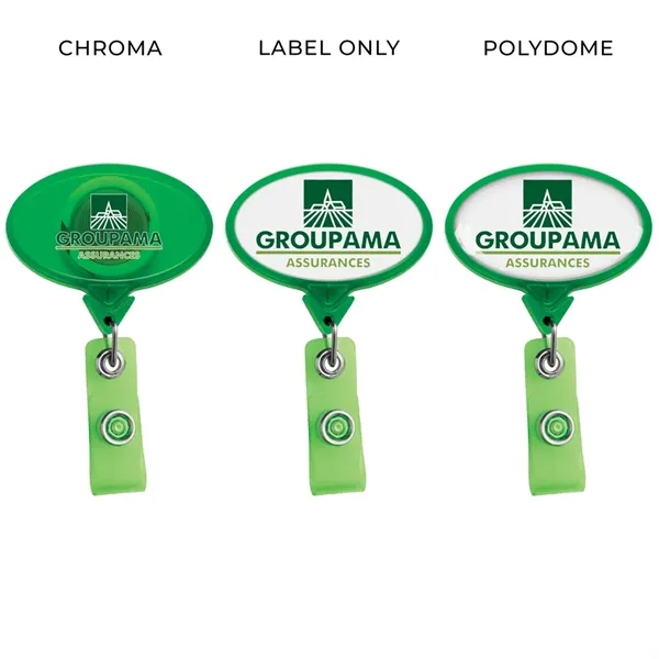 Oval retractable badge reel in translucent colors, alligator clip back, anti-twist... from ASI 49470 DEVARA