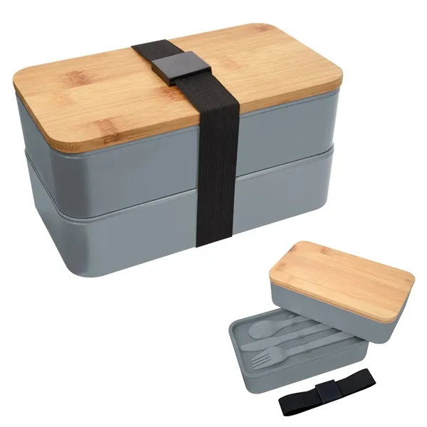 Double-tier stackable bento lunch set with a plastic fork, knife, and... from ASI 61125 Hit Promotional Products / Hit®