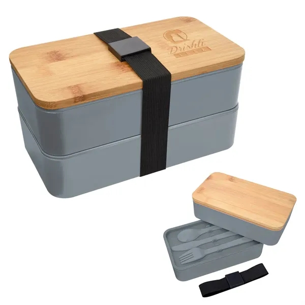 Double-tier stackable bento lunch set with a plastic fork, knife, and... from ASI 61125 Hit Promotional Products / Hit®