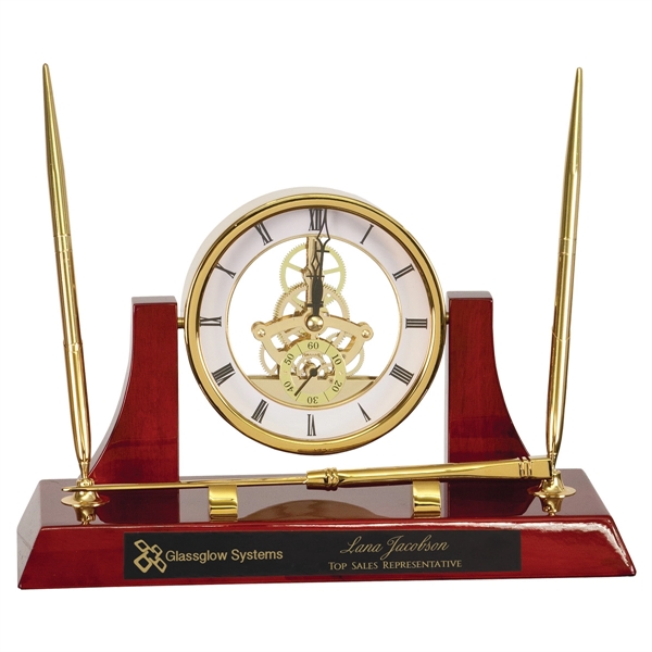 10 1/2" x 6" clock with rosewood piano finish, two pens... from ASI 74601 Calico