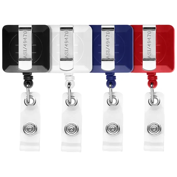 Sqaure retractable badge reel in solid colors with belt clip back... from ASI 49470 DEVARA