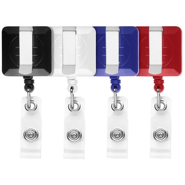 Square retractable badge reel in solid colors with belt clip back... from ASI 49470 DEVARA