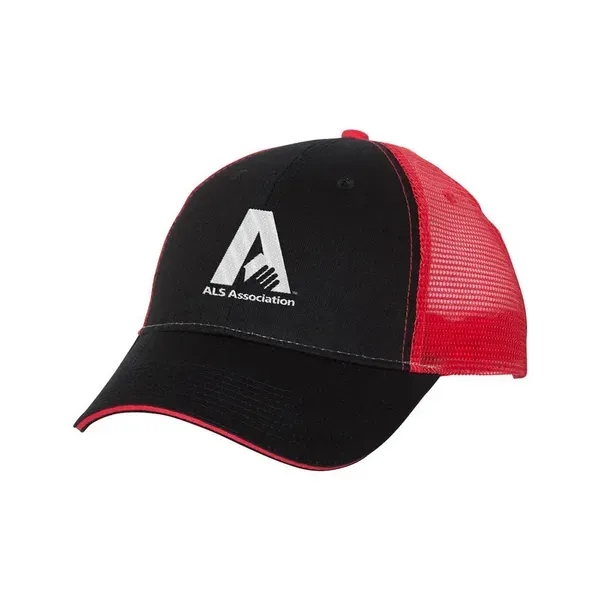 Structured, six-panel, mid-profile trucker cap with 100% cotton twill front, 100%... from ASI 88060 Snugz/USA Inc / Sweda®
