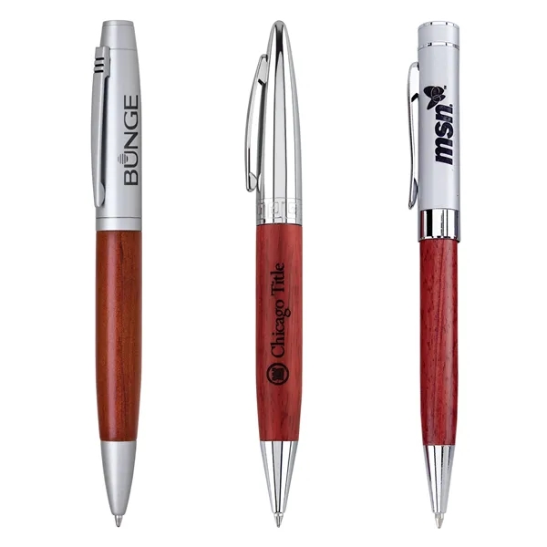 Twist-action ballpoint pen with chrome accents and a brown wood barrel.... from ASI 68190 Lungsal / Lungsal