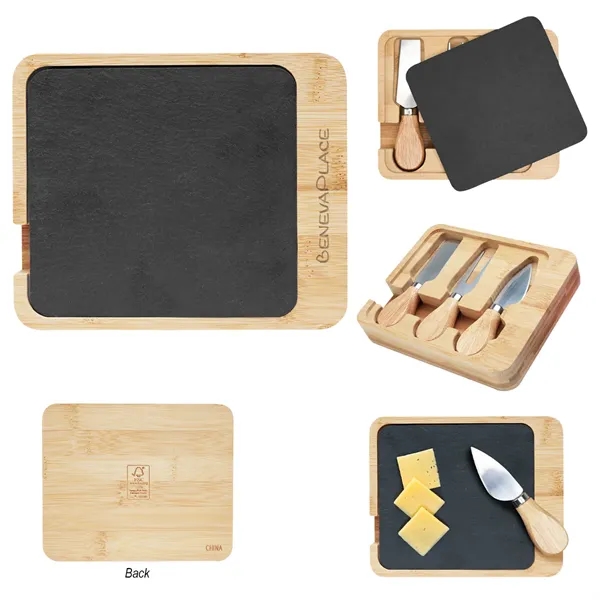 Cheese serving set with fork, knife, spade and slate board.... from ASI 61125 Hit Promotional Products / Hit®