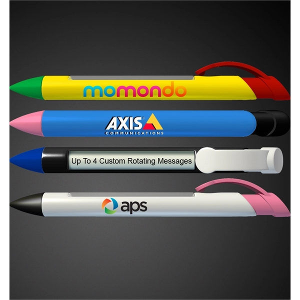 Plunger action ballpoint pen with 4 lines of rotating text in... from ASI 42016 Brighter Promotions Inc