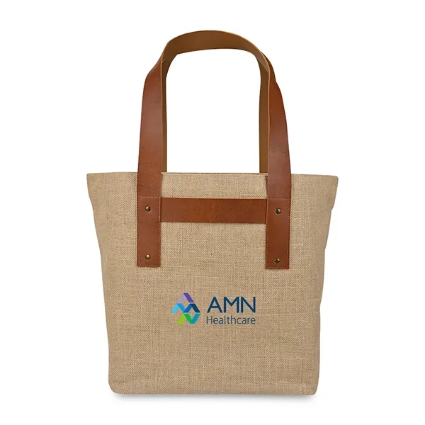 Jute tote bag with vegan leather handles, rivets and roomy interior.... from ASI 56070 Gemline / Gemline®