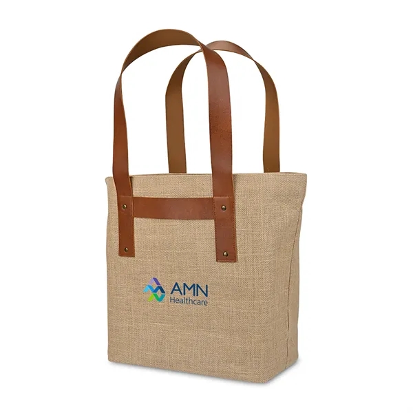 Jute tote bag with vegan leather handles, rivets and roomy interior.... from ASI 56070 Gemline / Gemline®