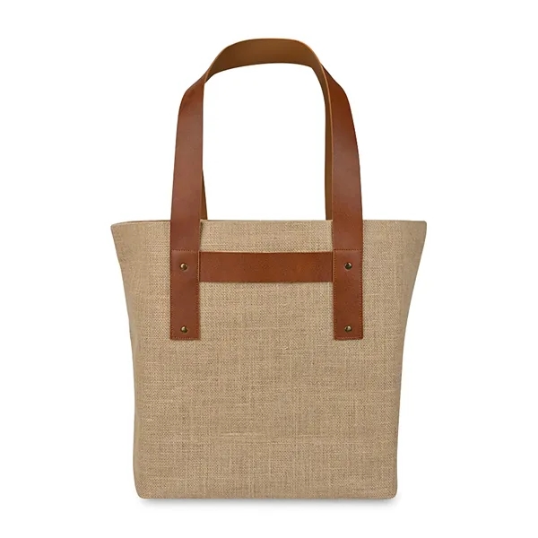 Jute tote bag with vegan leather handles, rivets and roomy interior.... from ASI 56070 Gemline / Gemline®