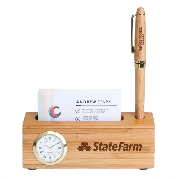 Bamboo Business Card and Pen Holder Clock.... from ASI 46755 Cosmo Promos