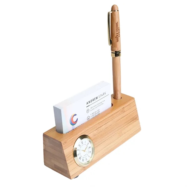 Bamboo Business Card and Pen Holder Clock.... from ASI 46755 Cosmo Promos